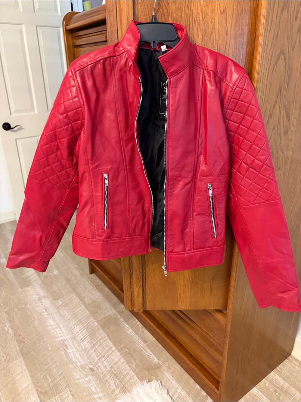 Red Quilted Leather Bomber Jacket